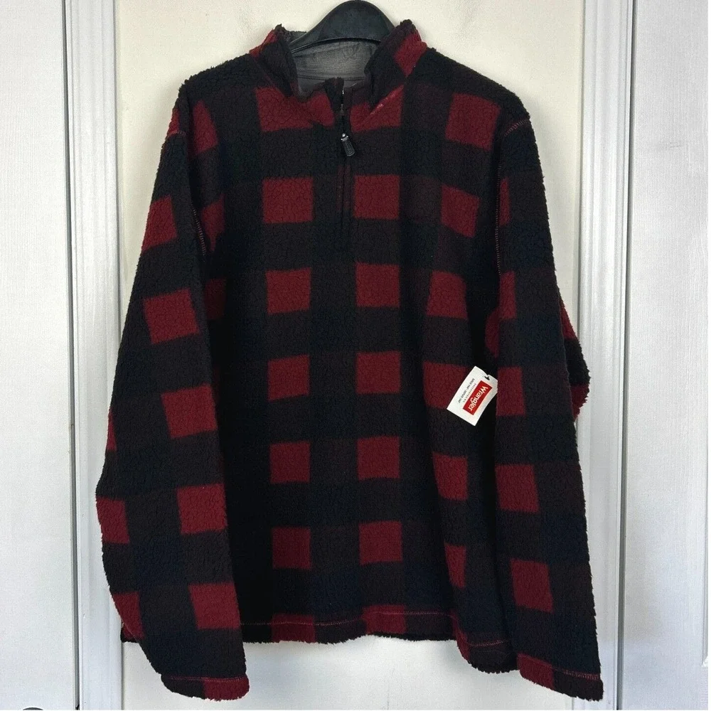NEW Wrangler‎ Mens XL Red Black Buffalo Plaid Check Sherpa Fleece Quarter Zip